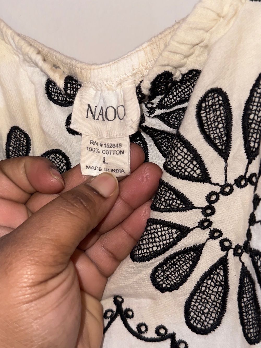 NAOO Girls' Cream Cotton Dress with Black Floral Embroidery